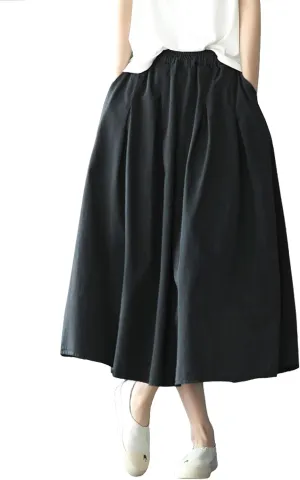 chouyatou Women's Casual Elegant Loose Baggy Elastic High Waist A Line Flare Midi Cotton Skirt