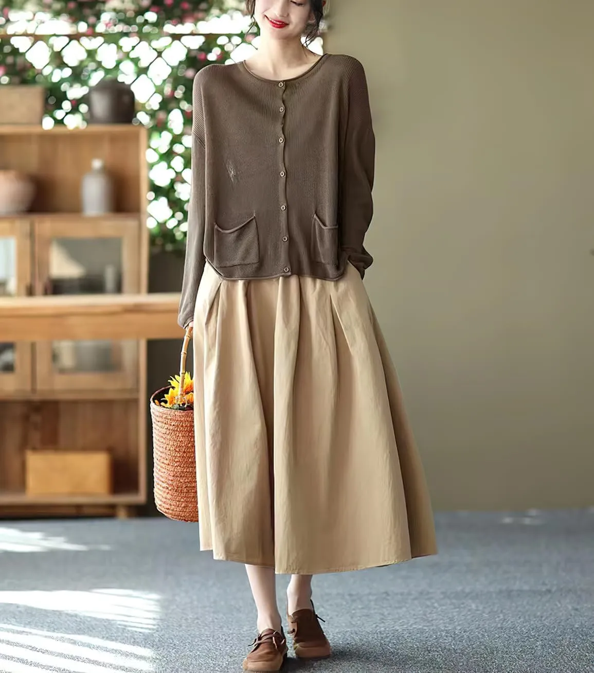 chouyatou Women's Casual Elegant Loose Baggy Elastic High Waist A Line Flare Midi Cotton Skirt
