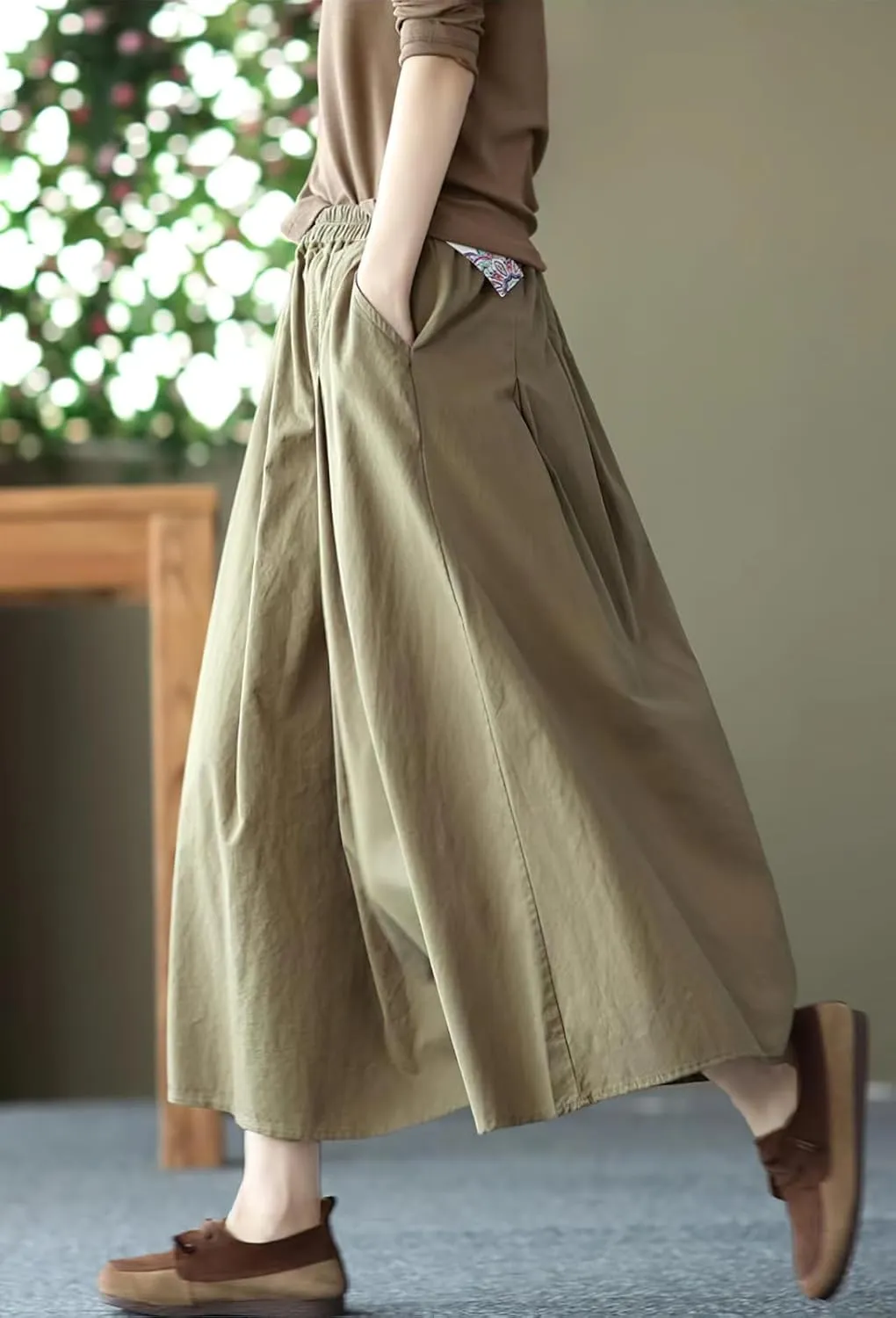 chouyatou Women's Casual Elegant Loose Baggy Elastic High Waist A Line Flare Midi Cotton Skirt