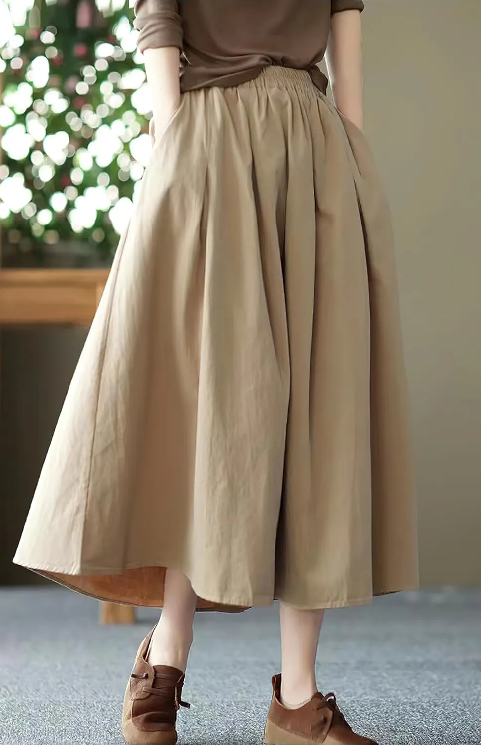 chouyatou Women's Casual Elegant Loose Baggy Elastic High Waist A Line Flare Midi Cotton Skirt