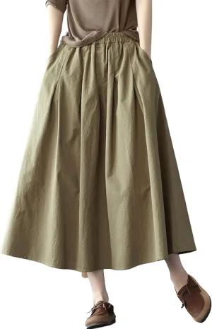 chouyatou Women's Casual Elegant Loose Baggy Elastic High Waist A Line Flare Midi Cotton Skirt