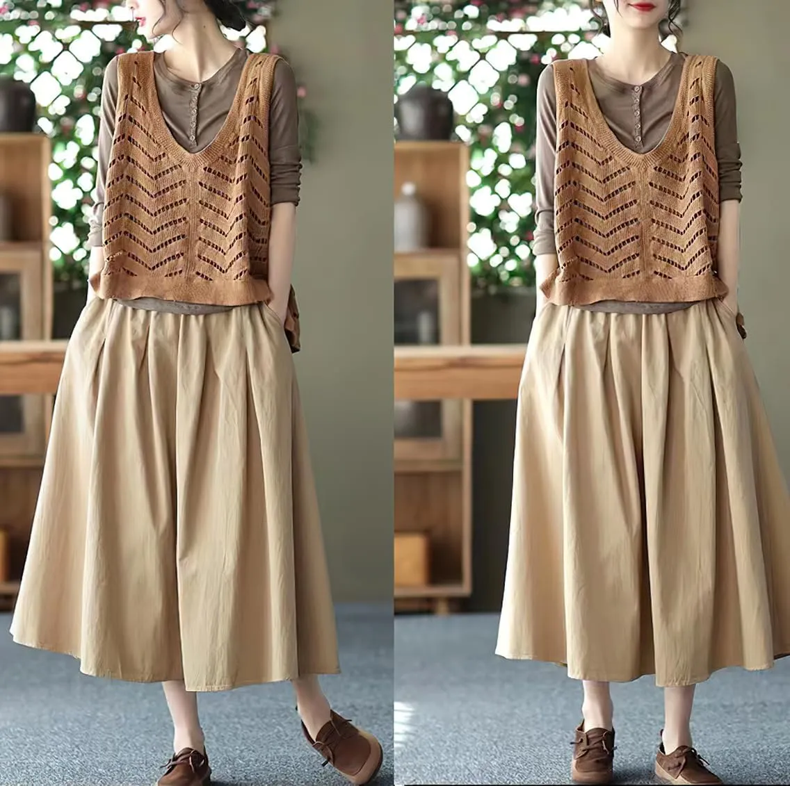 chouyatou Women's Casual Elegant Loose Baggy Elastic High Waist A Line Flare Midi Cotton Skirt
