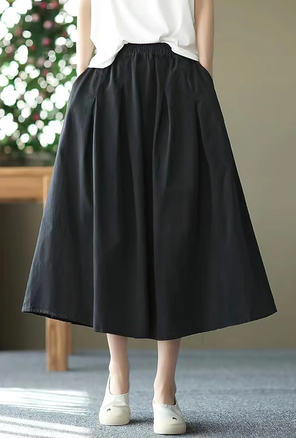 chouyatou Women's Casual Elegant Loose Baggy Elastic High Waist A Line Flare Midi Cotton Skirt