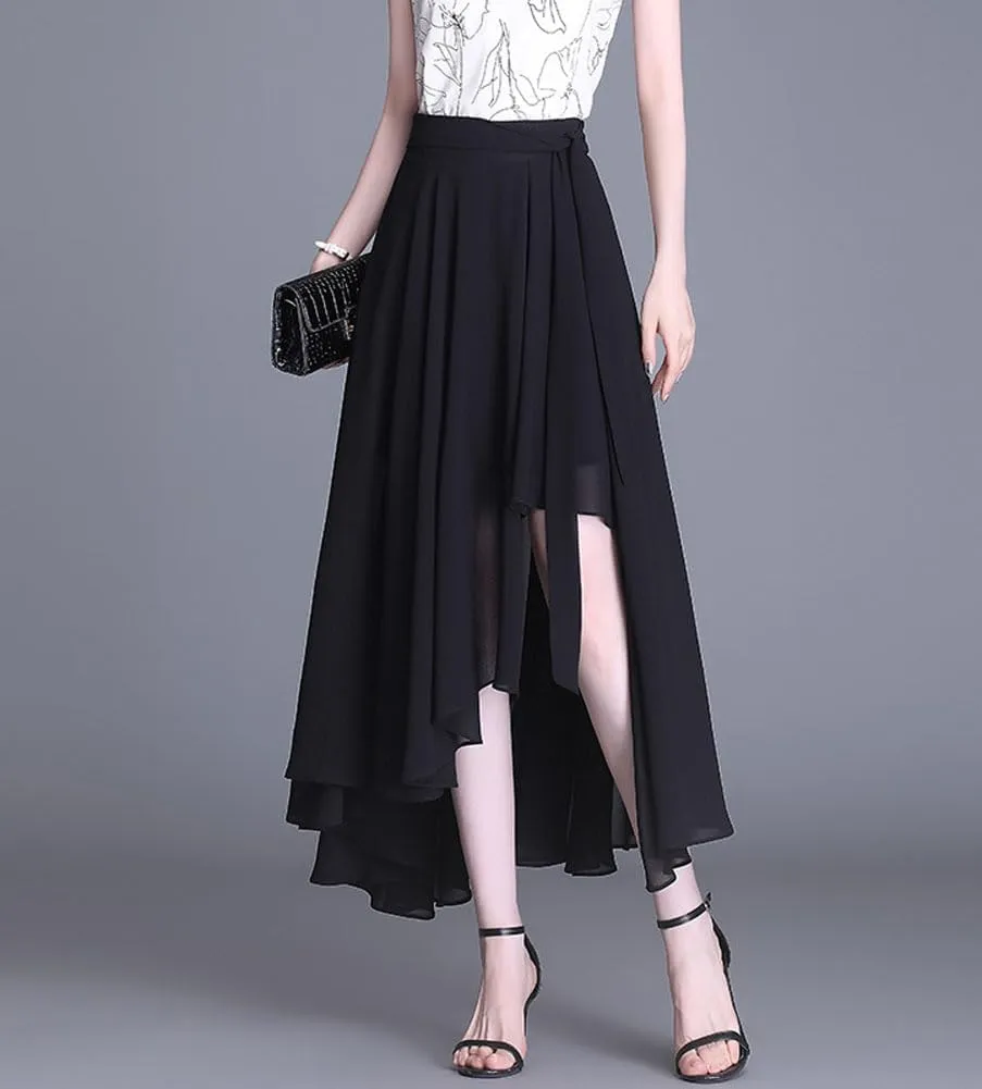 chouyatou Women's Elegant High Waisted Irregular Skirt Sexy Tie Knot Chiffon Midi Long Swing Skirt