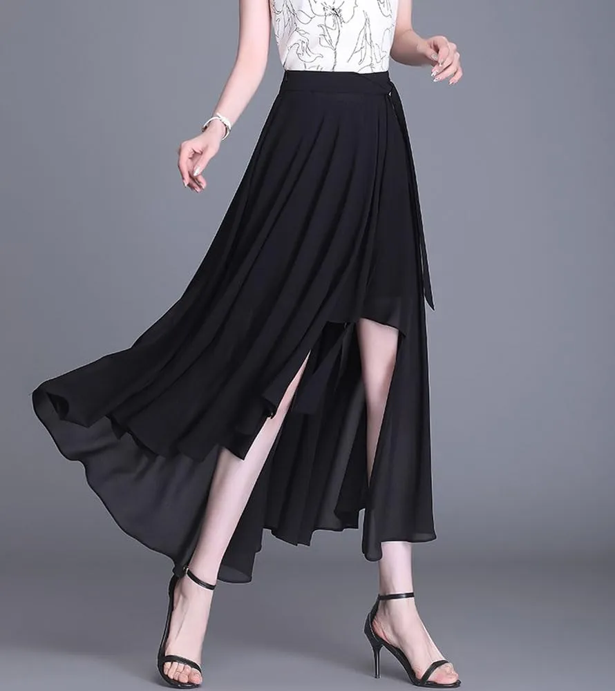 chouyatou Women's Elegant High Waisted Irregular Skirt Sexy Tie Knot Chiffon Midi Long Swing Skirt