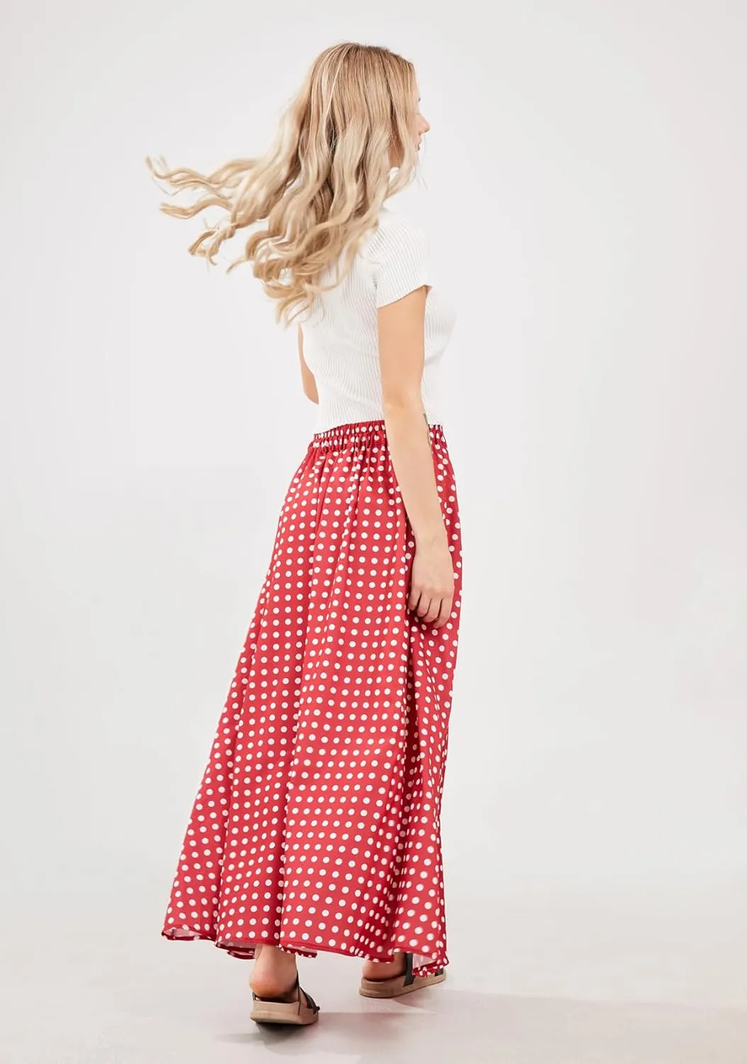 chouyatou Women's Elegant High Waisted Polka Dot A Line Pleated Swing Bohemian Maxi Skirt