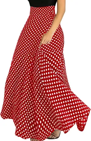 chouyatou Women's Elegant High Waisted Polka Dot A Line Pleated Swing Bohemian Maxi Skirt