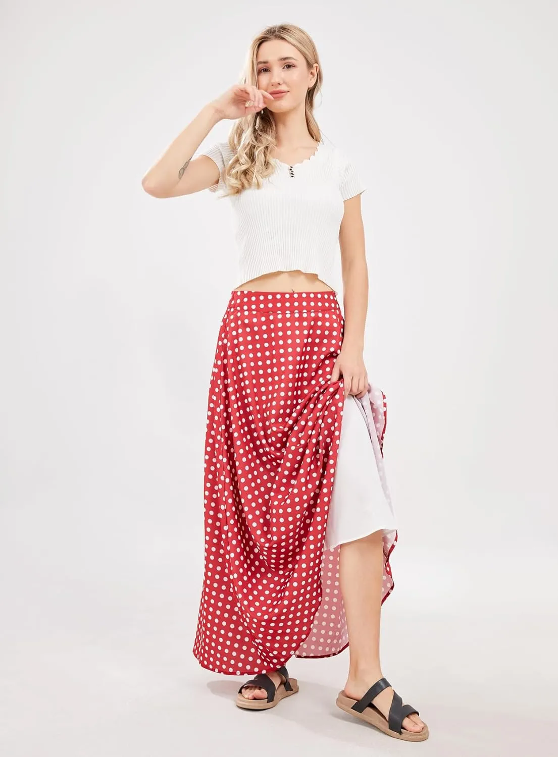 chouyatou Women's Elegant High Waisted Polka Dot A Line Pleated Swing Bohemian Maxi Skirt
