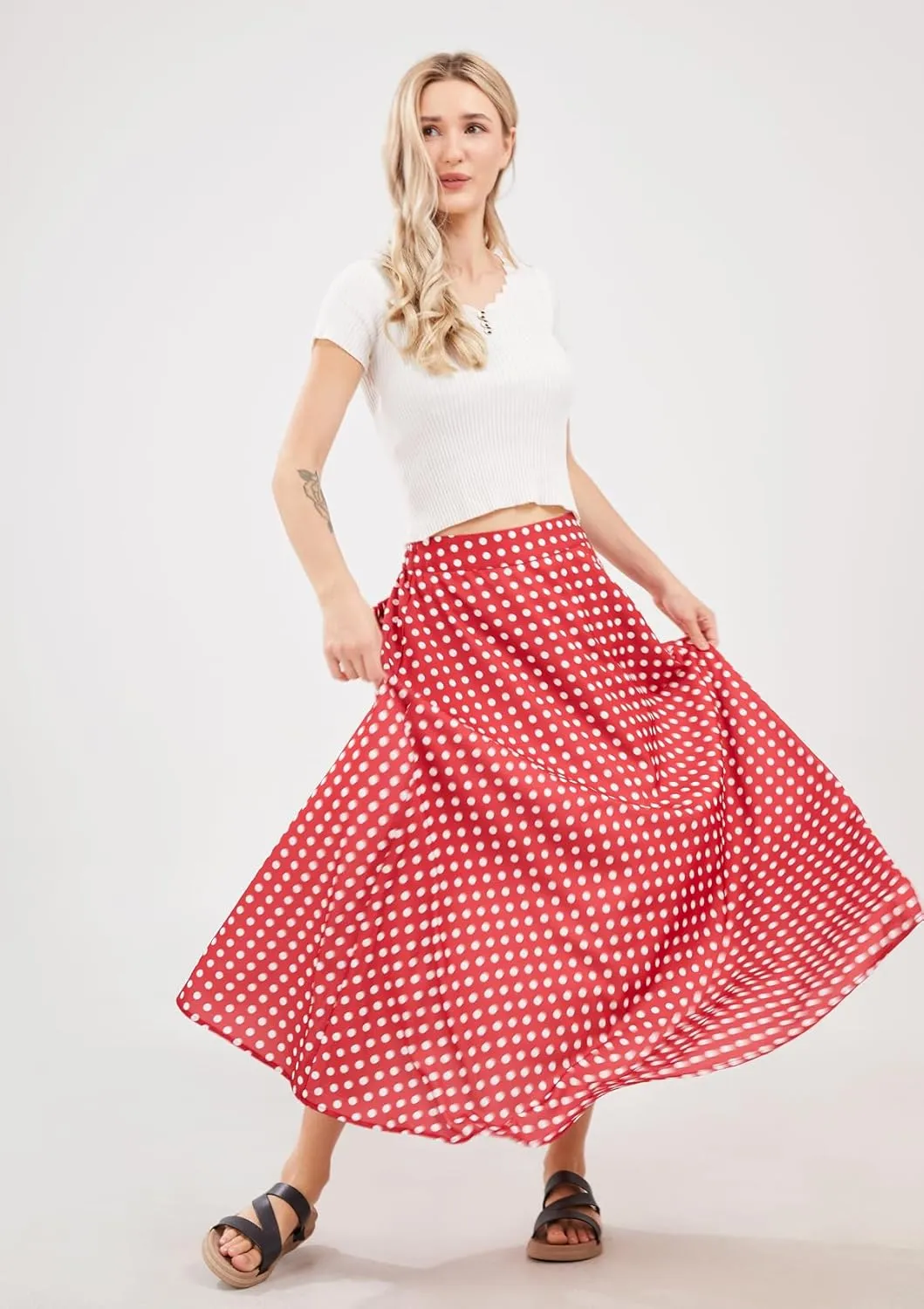 chouyatou Women's Elegant High Waisted Polka Dot A Line Pleated Swing Bohemian Maxi Skirt