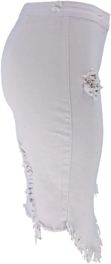 chouyatou Women's Stretchy Irregular Frayed Raw Hem Midi Denim Pencil Skirt