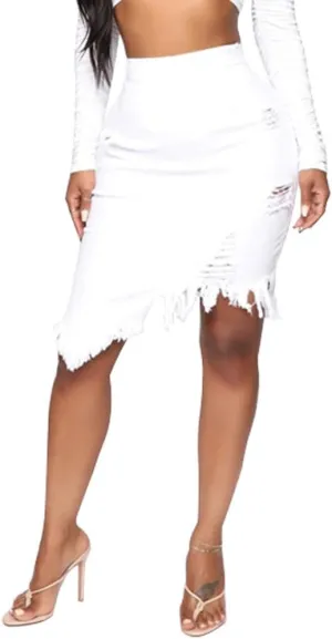 chouyatou Women's Stretchy Irregular Frayed Raw Hem Midi Denim Pencil Skirt