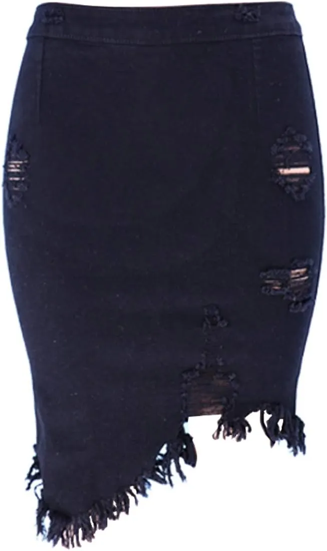 chouyatou Women's Stretchy Irregular Frayed Raw Hem Midi Denim Pencil Skirt