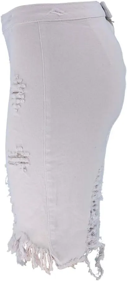 chouyatou Women's Stretchy Irregular Frayed Raw Hem Midi Denim Pencil Skirt
