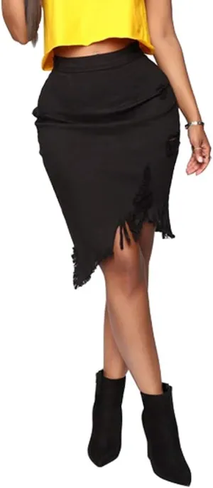 chouyatou Women's Stretchy Irregular Frayed Raw Hem Midi Denim Pencil Skirt