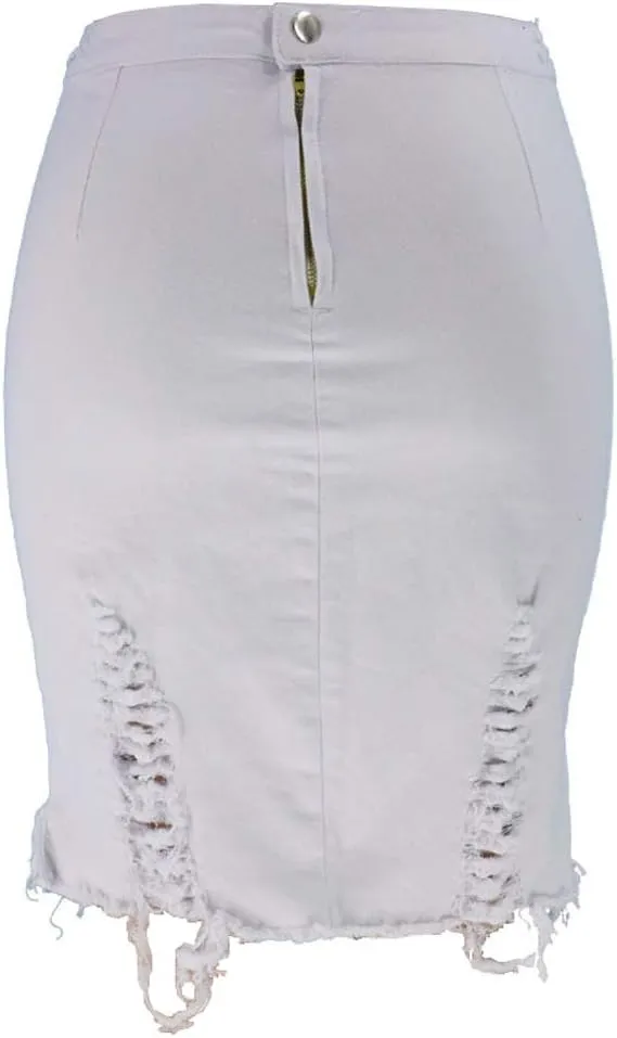 chouyatou Women's Stretchy Irregular Frayed Raw Hem Midi Denim Pencil Skirt