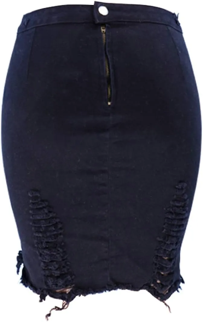 chouyatou Women's Stretchy Irregular Frayed Raw Hem Midi Denim Pencil Skirt