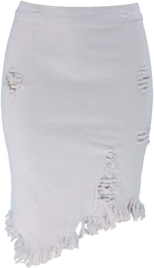 chouyatou Women's Stretchy Irregular Frayed Raw Hem Midi Denim Pencil Skirt