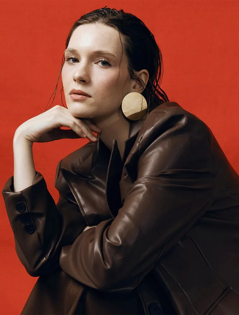 Classic Long Leather Blazer in Brown