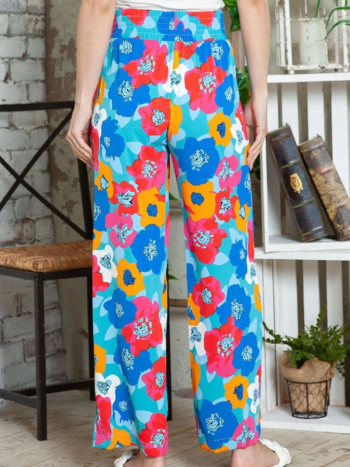Colorful Elastic Waist Floral Wide Leg Pants