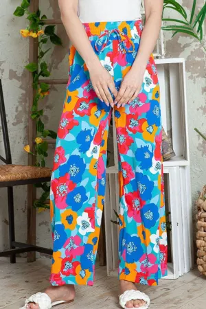 Colorful Elastic Waist Floral Wide Leg Pants
