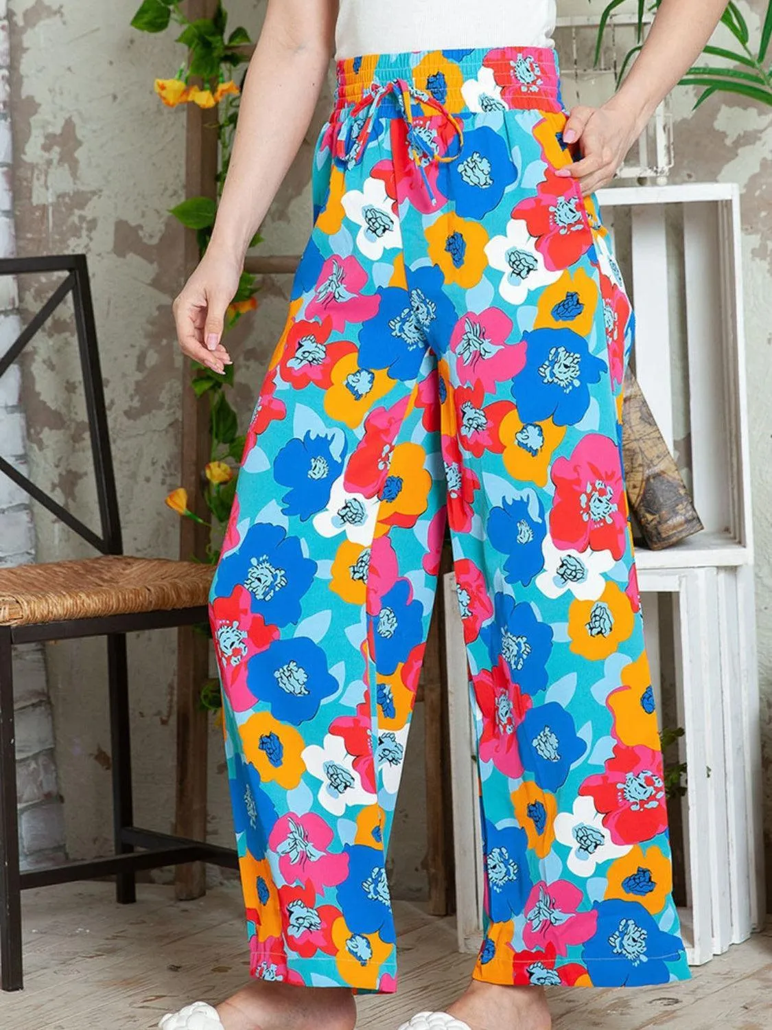Colorful Elastic Waist Floral Wide Leg Pants
