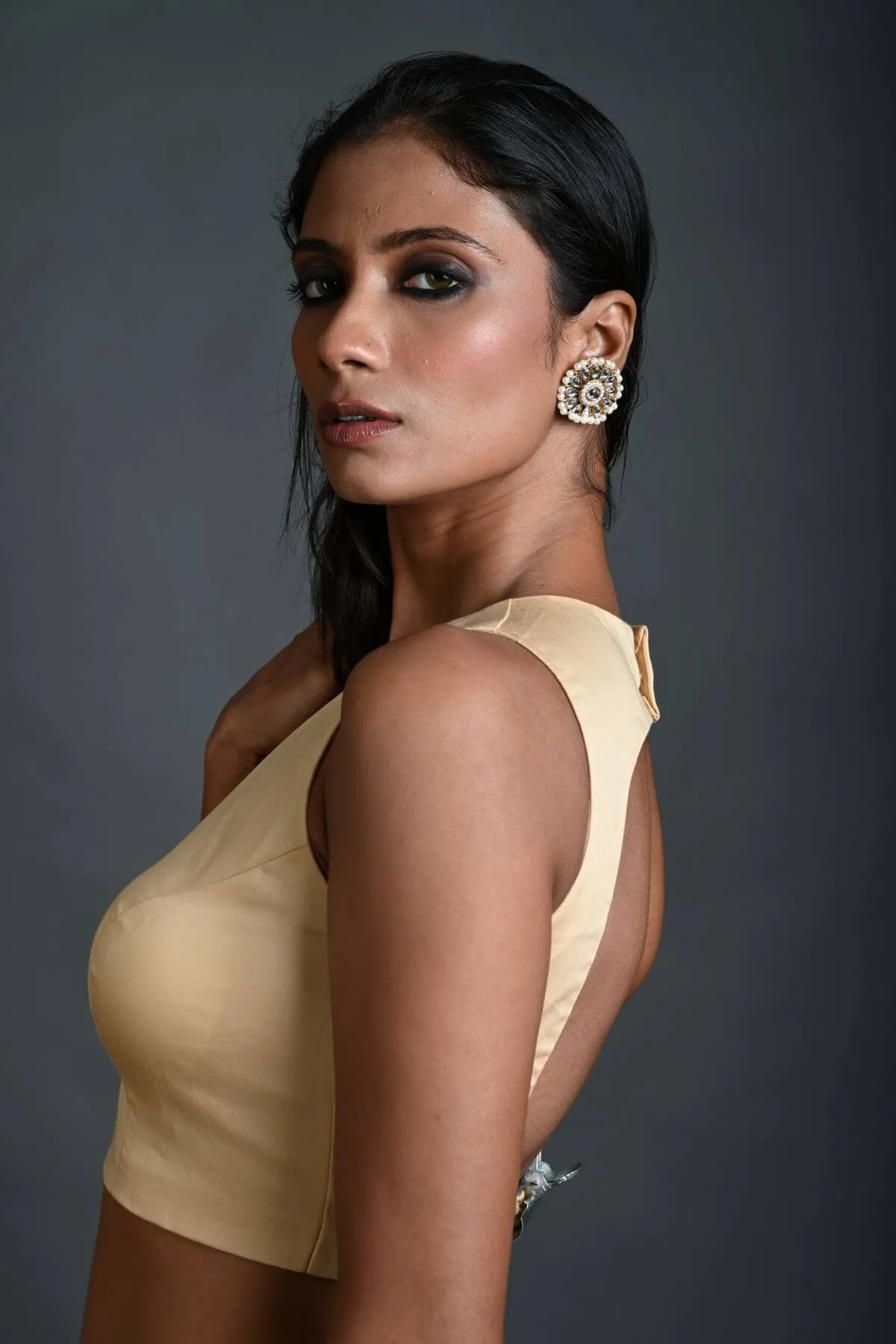 Cream Sleeveless Cotton Blouse with V Neckline