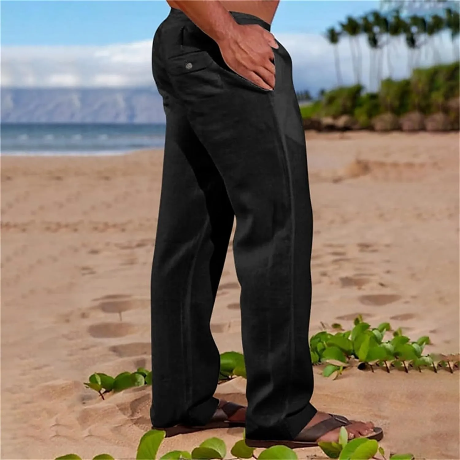 CRNTCEM Mens Casual Cotton Linen Pants Soft Comfy Outdoor Hiking Camping Pant Lightweight Solid Vacation Yoga Beach Pants