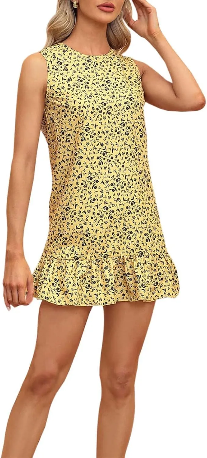 Crzidha Sleeveless Ruffle Dress for Women Elegant Floral Print Slim Fit Workwear Chic Short Mini Party Dress