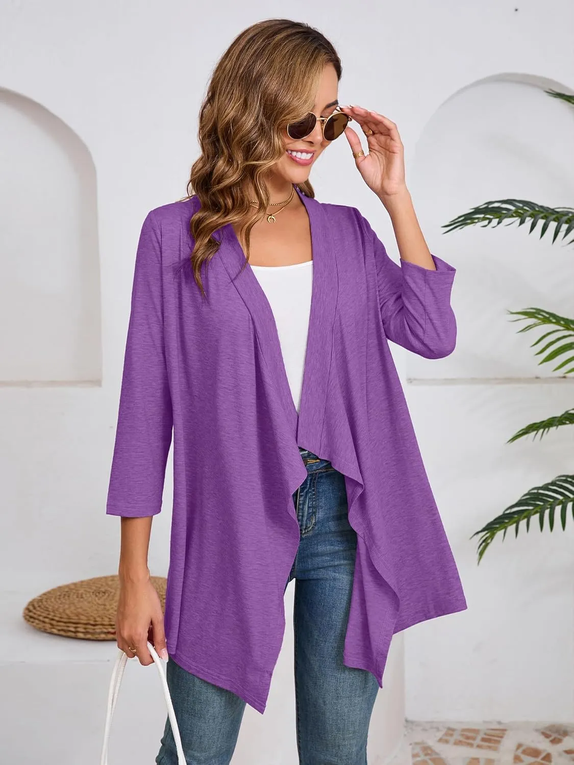 DEARCASE Women's Open Front Cardigans 3/4 Sleeve Draped Striped Printed Sweater Jackets Draped Kimono Loose Cardigan