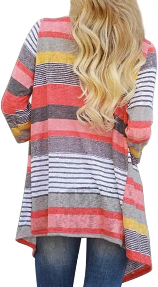DEARCASE Women's Open Front Cardigans 3/4 Sleeve Draped Striped Printed Sweater Jackets Draped Kimono Loose Cardigan