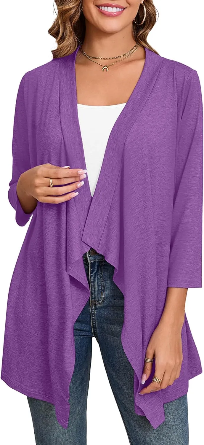 DEARCASE Women's Open Front Cardigans 3/4 Sleeve Draped Striped Printed Sweater Jackets Draped Kimono Loose Cardigan