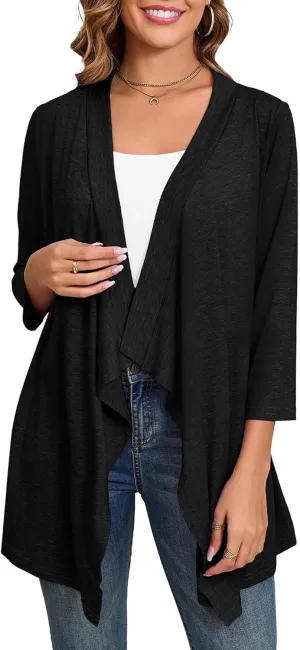DEARCASE Women's Open Front Cardigans 3/4 Sleeve Draped Striped Printed Sweater Jackets Draped Kimono Loose Cardigan