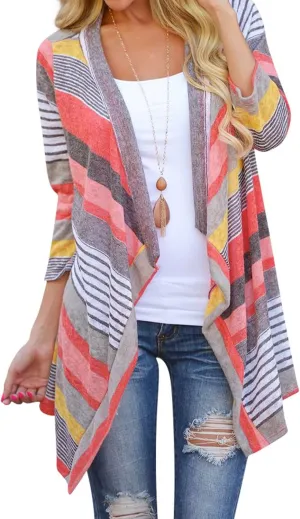 DEARCASE Women's Open Front Cardigans 3/4 Sleeve Draped Striped Printed Sweater Jackets Draped Kimono Loose Cardigan