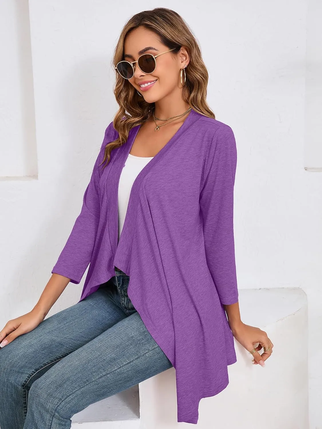 DEARCASE Women's Open Front Cardigans 3/4 Sleeve Draped Striped Printed Sweater Jackets Draped Kimono Loose Cardigan