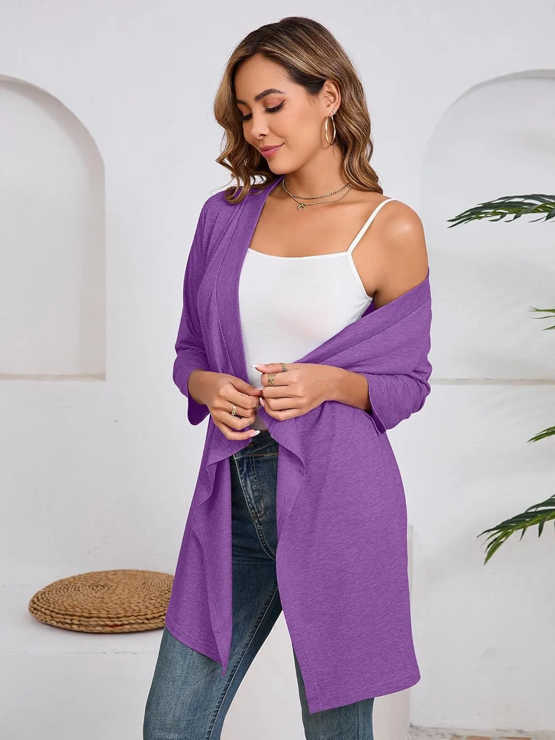 DEARCASE Women's Open Front Cardigans 3/4 Sleeve Draped Striped Printed Sweater Jackets Draped Kimono Loose Cardigan