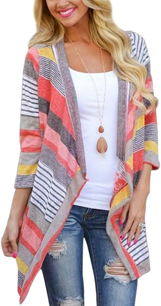 DEARCASE Women's Open Front Cardigans 3/4 Sleeve Draped Striped Printed Sweater Jackets Draped Kimono Loose Cardigan