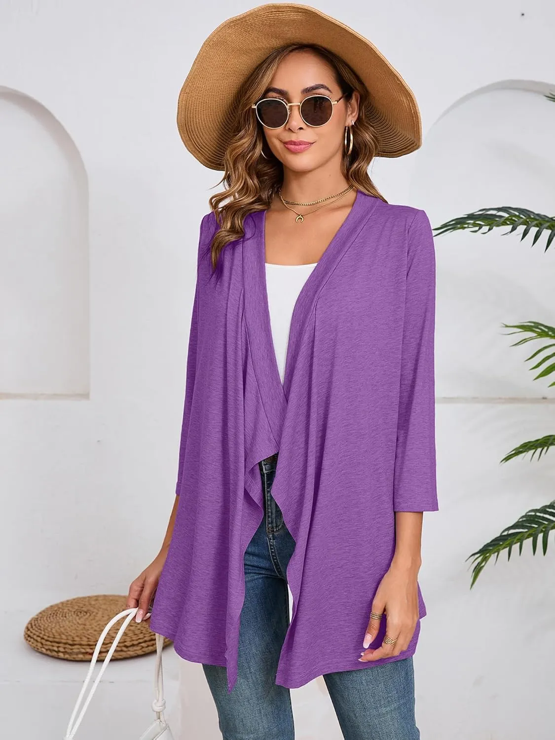 DEARCASE Women's Open Front Cardigans 3/4 Sleeve Draped Striped Printed Sweater Jackets Draped Kimono Loose Cardigan