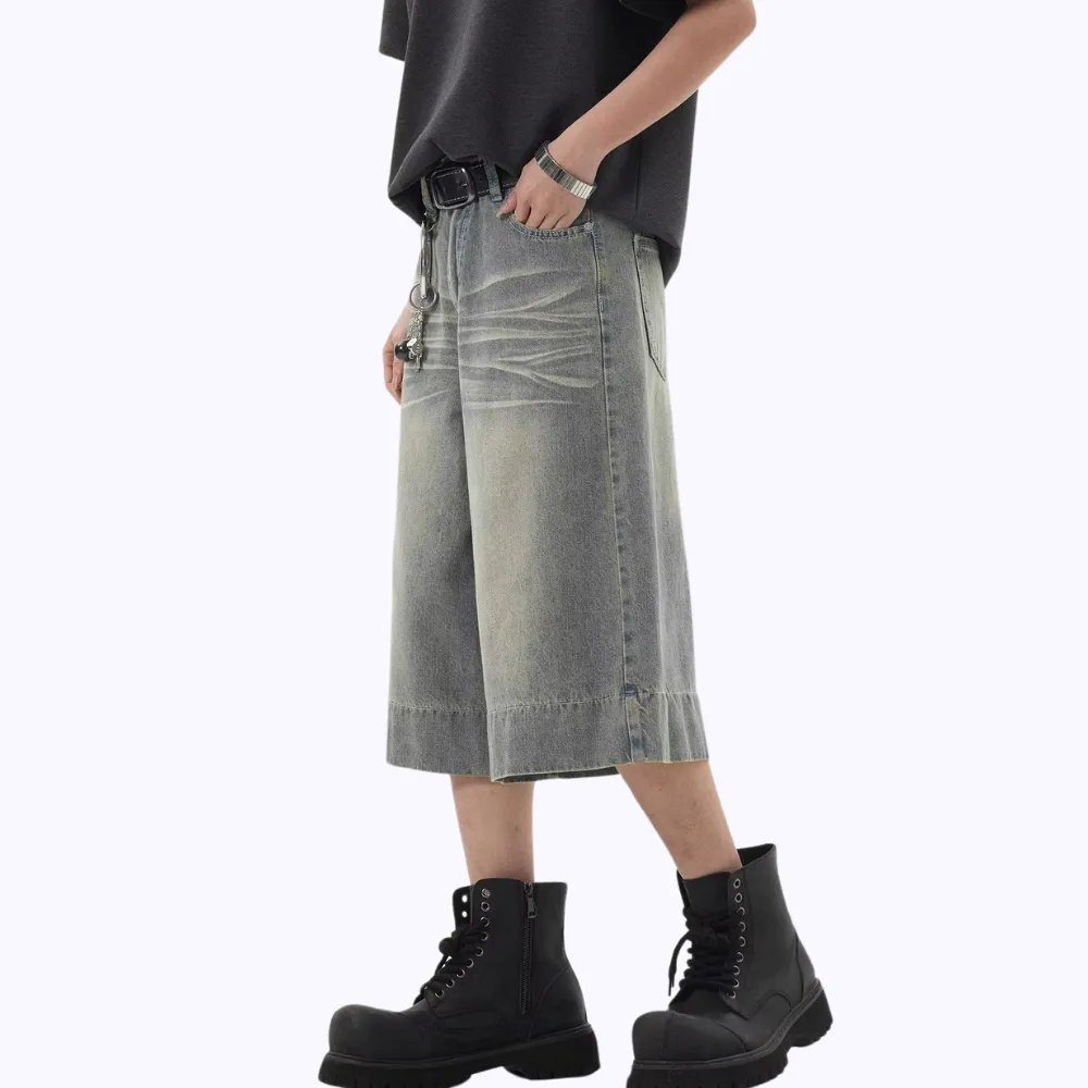 Distressed Whiskered Denim Shorts
