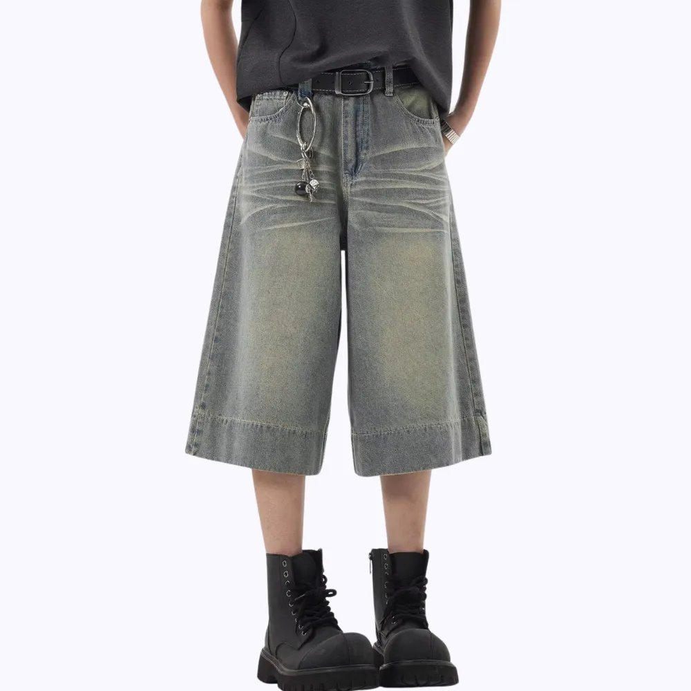 Distressed Whiskered Denim Shorts