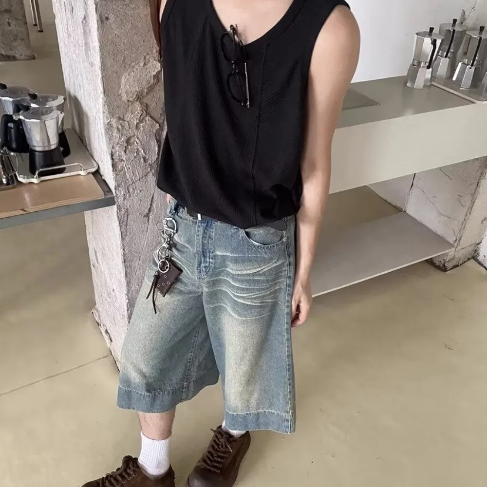 Distressed Whiskered Denim Shorts