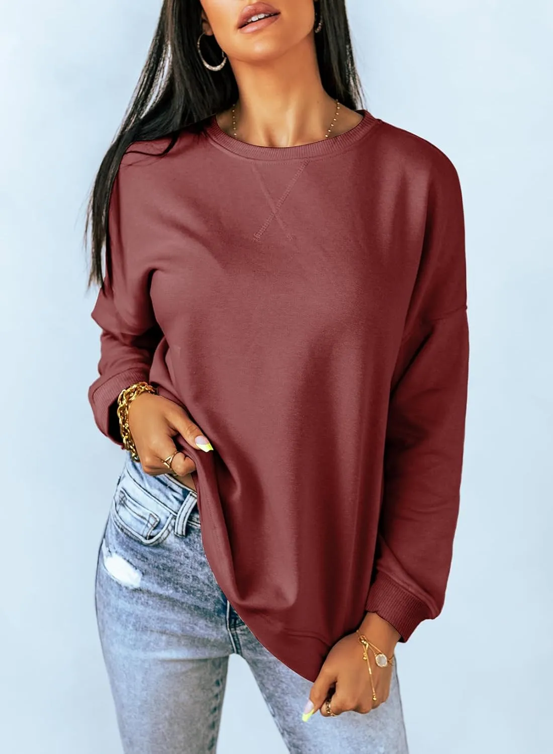Dokotoo Women's Casual Crew Neck Sweatshirt Loose Soft Long Sleeve Pullover Tops