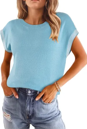 Dokotoo Womens Summer Cap Sleeve Tops 2025 Crewneck Sweater Vest Casual Knit Lightweight Sweater Pullover Trendy Tank Shirts