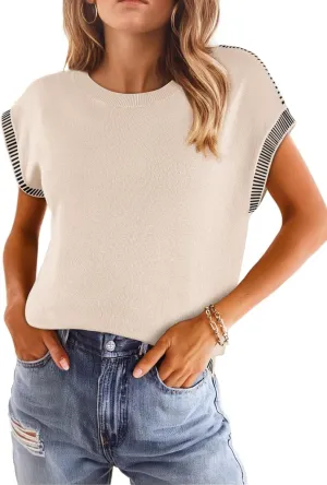 Dokotoo Womens Summer Cap Sleeve Tops 2025 Crewneck Sweater Vest Casual Knit Lightweight Sweater Pullover Trendy Tank Shirts