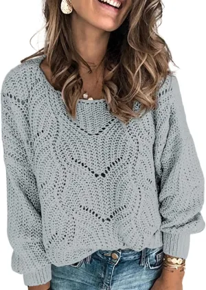 Dokotoo Womens Sweaters 2024 Crewneck Cute Elegant Soft Long Sleeve Hollow Cable Knit Pullover Tops