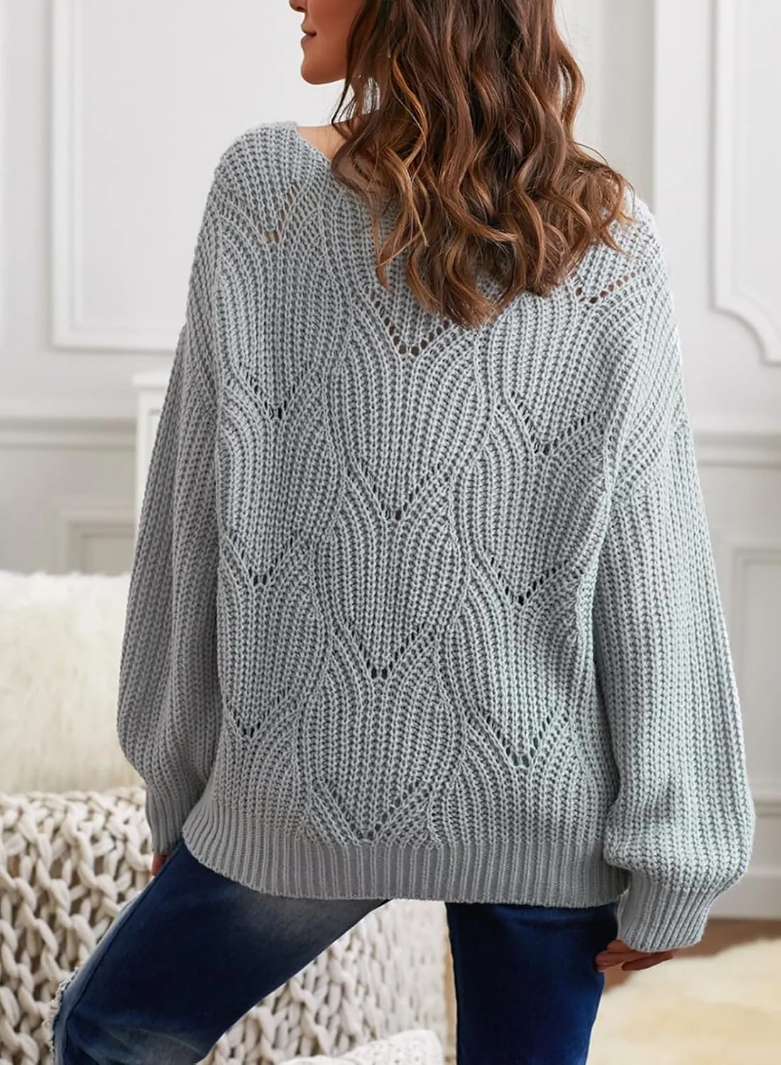 Dokotoo Womens Sweaters 2024 Crewneck Cute Elegant Soft Long Sleeve Hollow Cable Knit Pullover Tops