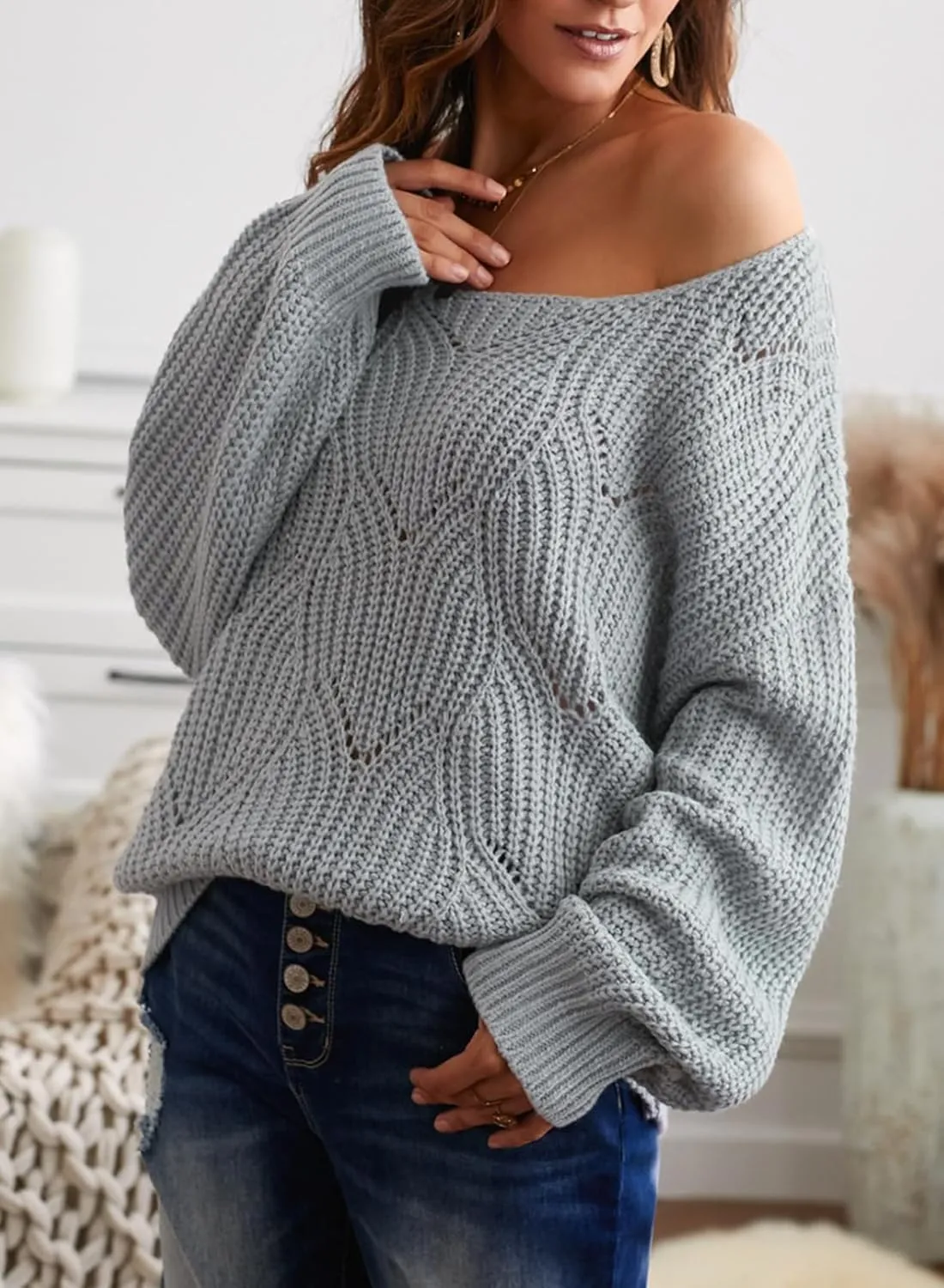 Dokotoo Womens Sweaters 2024 Crewneck Cute Elegant Soft Long Sleeve Hollow Cable Knit Pullover Tops