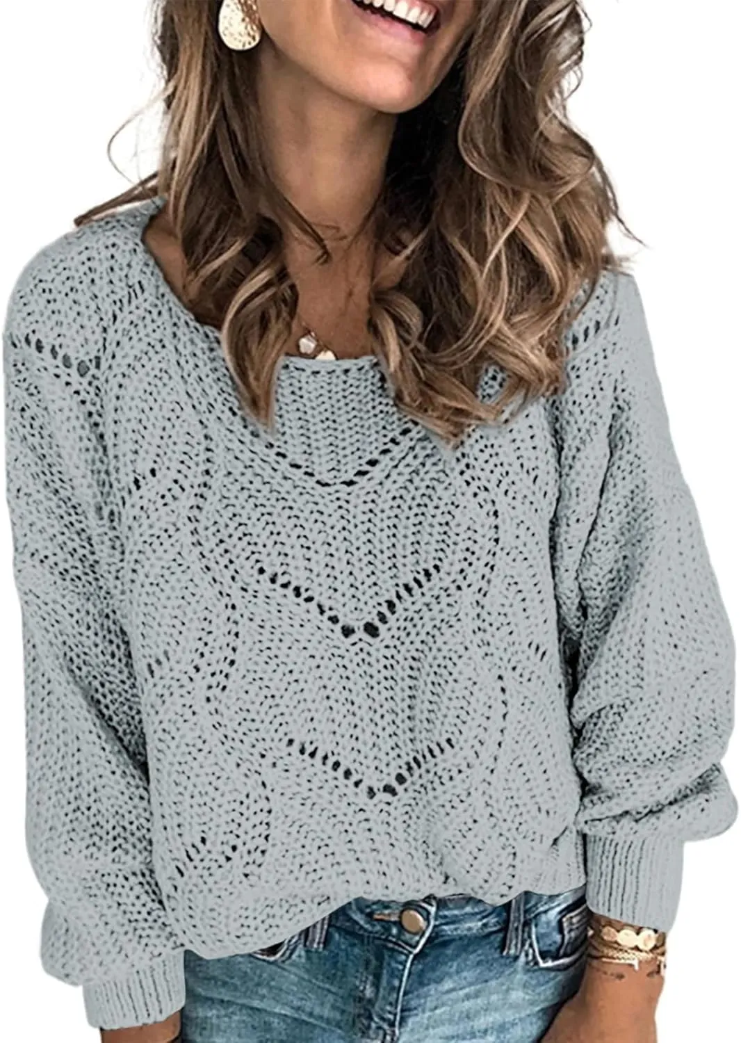 Dokotoo Womens Sweaters 2024 Crewneck Cute Elegant Soft Long Sleeve Hollow Cable Knit Pullover Tops