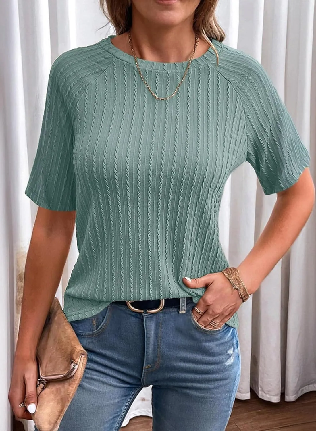 Dokotoo Women's Tops Trendy Casual 2025 Crew Neck Lightweight Shirts Knit Tunic Basic T-Shirt