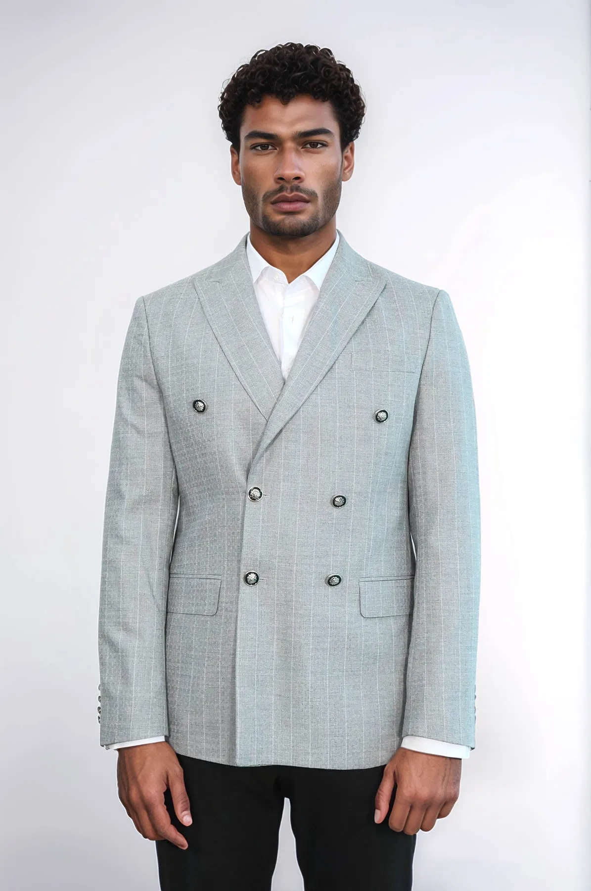 Double Breasted Slim Fit Striped Grey Men Blazer - Wessi