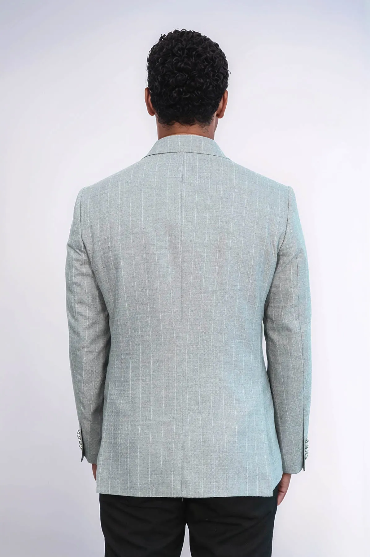 Double Breasted Slim Fit Striped Grey Men Blazer - Wessi